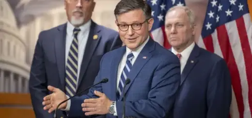 Speaker of the House Mike Johnson, R-La., speaks at a news conference with Rep. Chip Roy, R-Texas, left, House Majority Leader Steve Scalise, R-La., right, at the Capitol on Tuesday, July 9, 2024 in Washington. (AP Photo/Kevin Wolf)